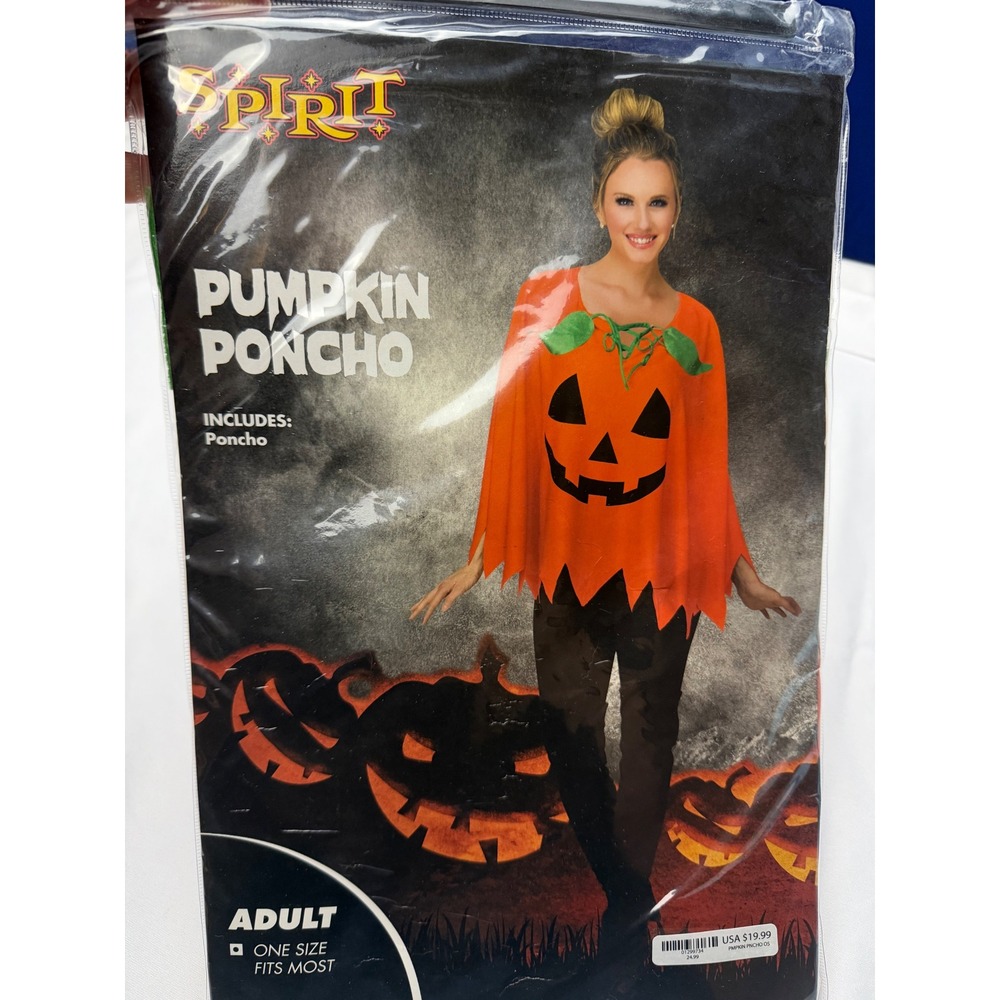 Spirit Halloween Pumpkin Poncho Adult One Size Jack-O-Lantern Costume Orange